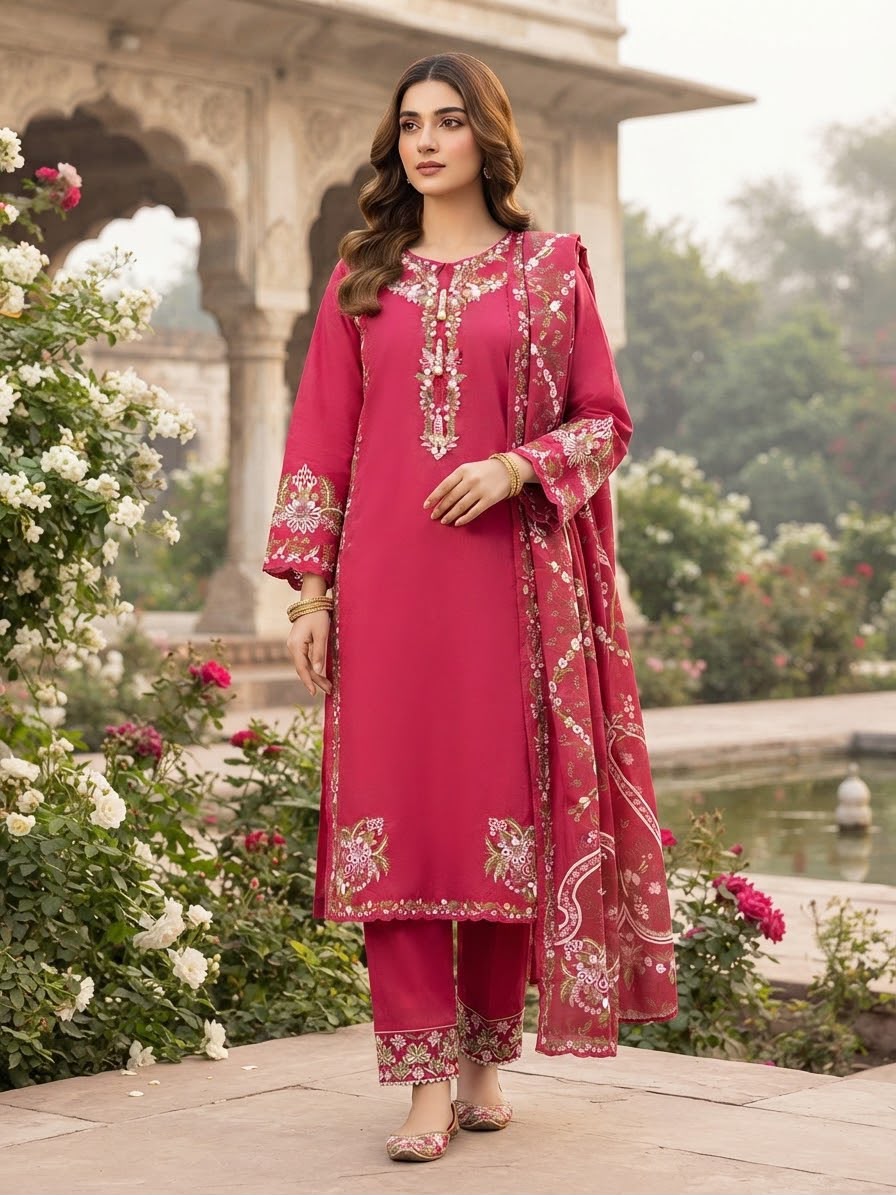 winter Cotton Embroidered Stitch 3pc