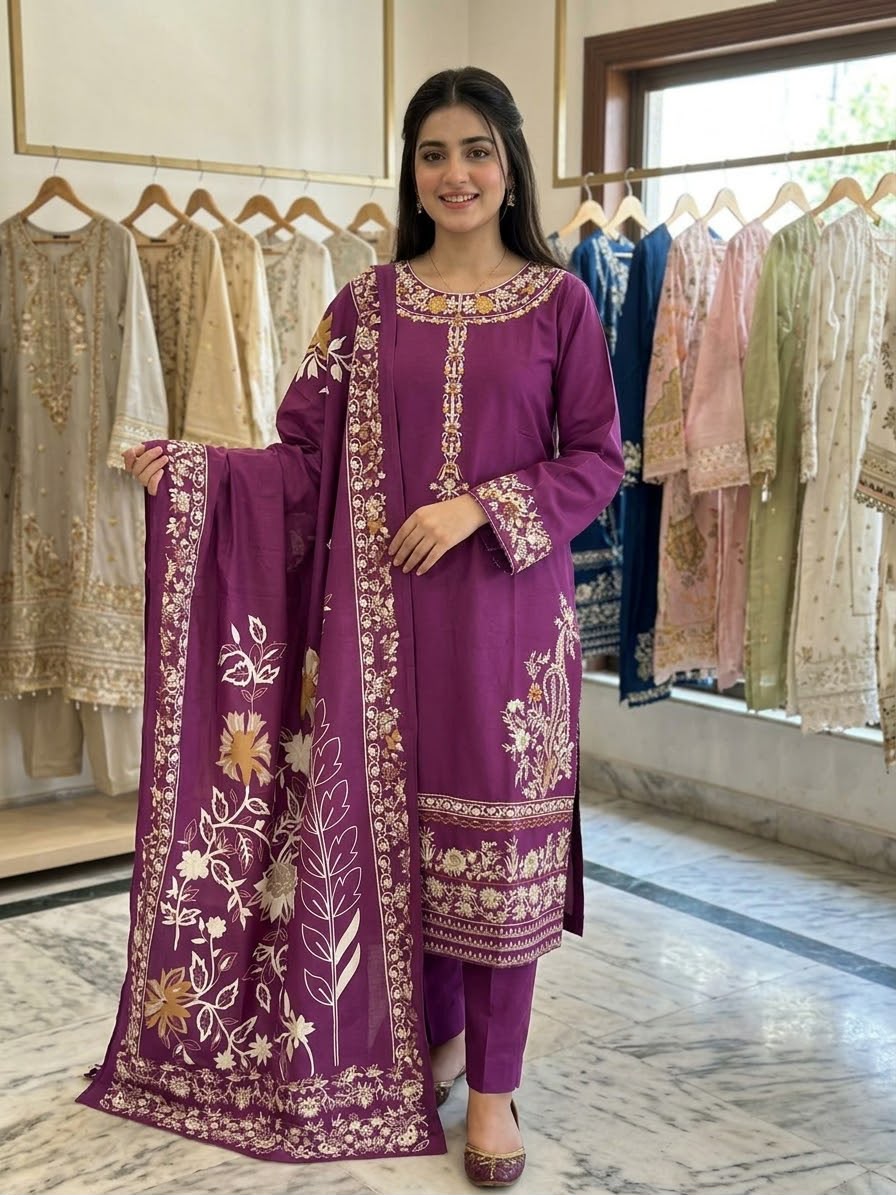 Winter Cotton Embroidered Stitch 3pc